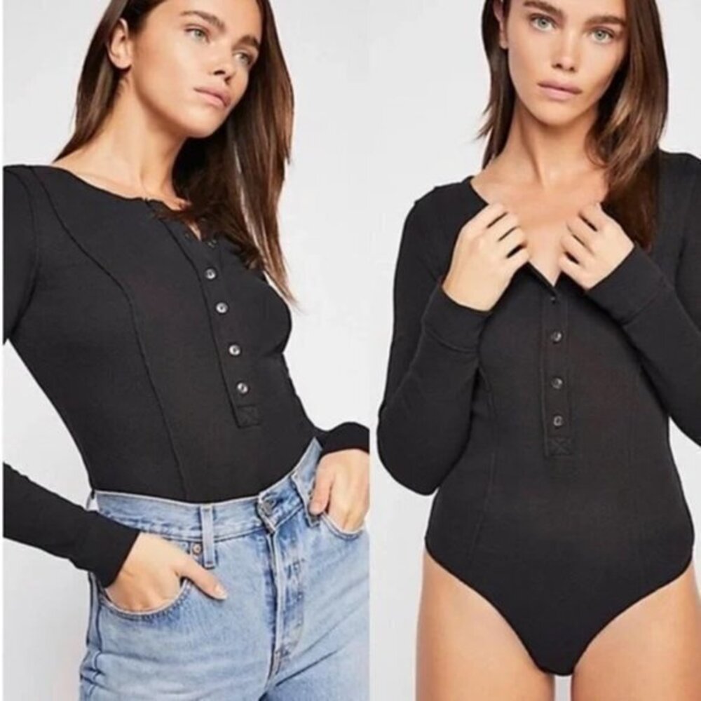 Free People Black Henley Frankie Bodysuit. XS